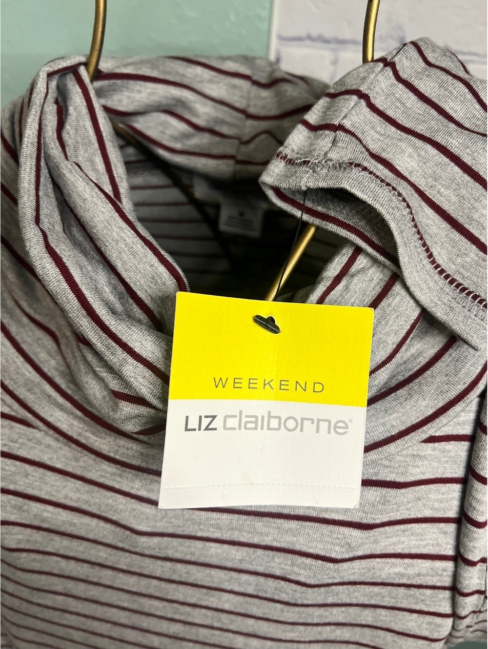 Liz Claiborne Weekend Tunic Top Cowl Neck womens M grey burgandy stripe new JCP